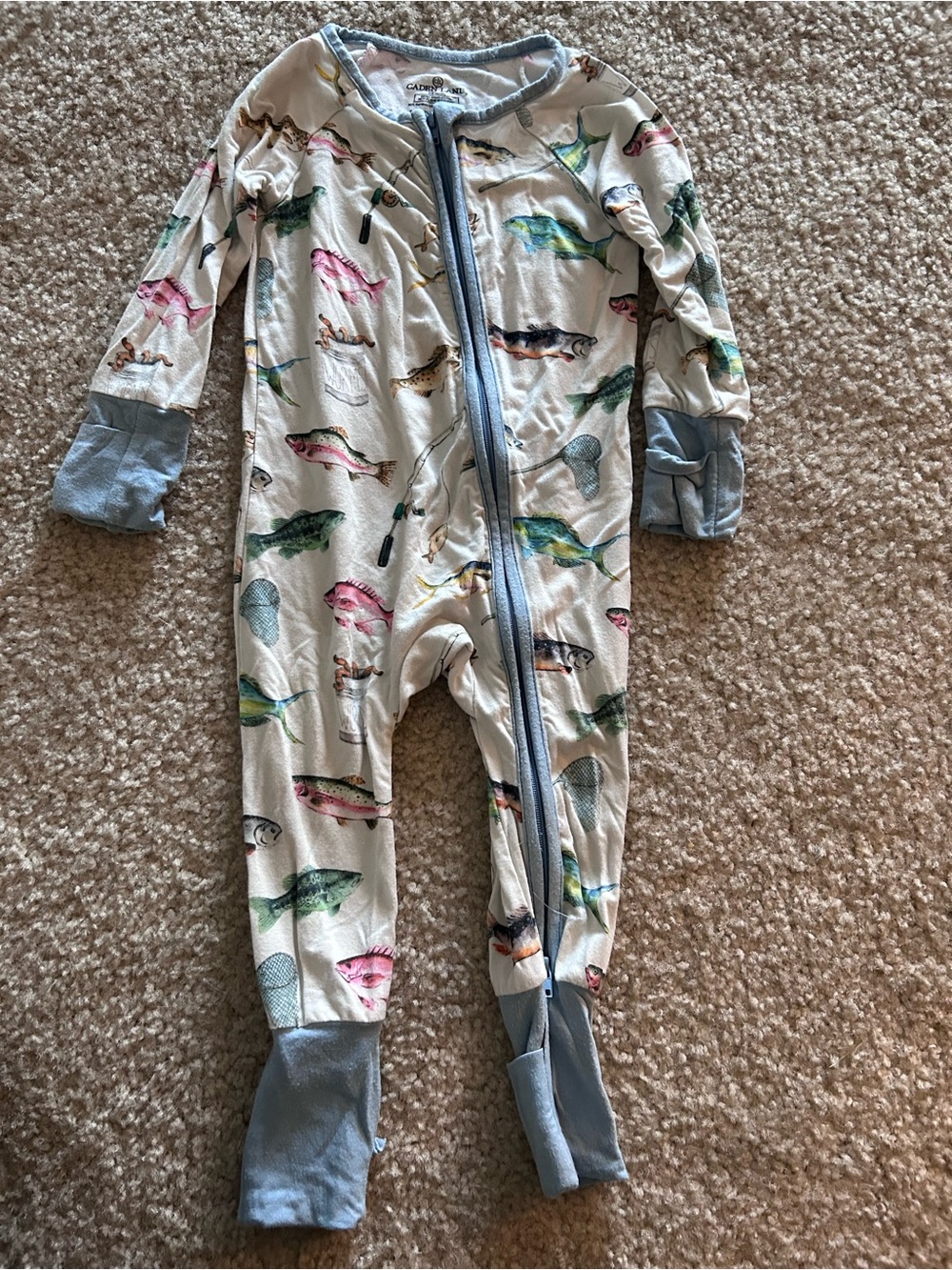 Caden lane Fish-Print two way Zip One-Piece Sleeper - Cream with Blue Trim